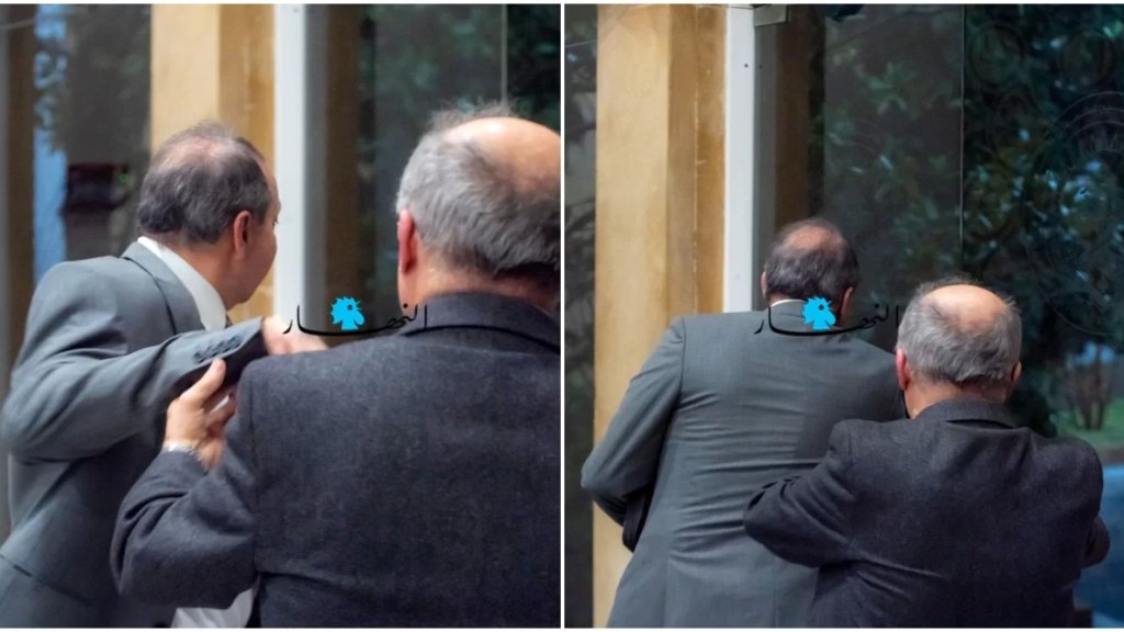 بالصور/ وزير الشباب يحاول ثني وزير المهجرين عن مغادرة القصر الجمهوري بعد إنسحابه من الجلسة إثر رفض مجلس الوزراء مناقشة بند عودة النازحين