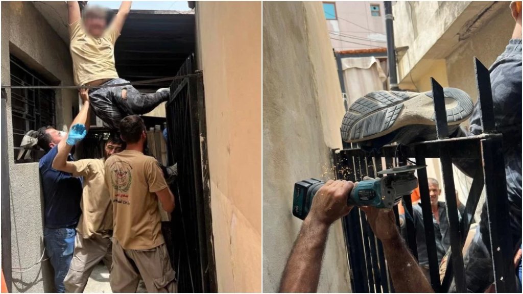بالصور/ سقوط عامل على بوابة حديد في البرج الشمالي.. والدفاع المدني يقص الحديد ليتمكن من تحرير قدمه!